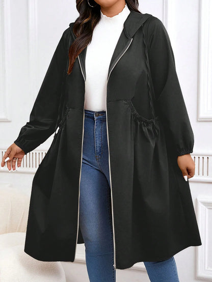Plus Size Zip Up Hooded Casual Long Sleeve Coat