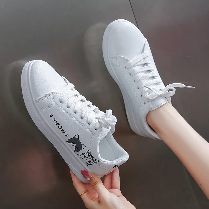 Breathable Vulcanized Cute Cat Cartoon Lace Casual Sneakers