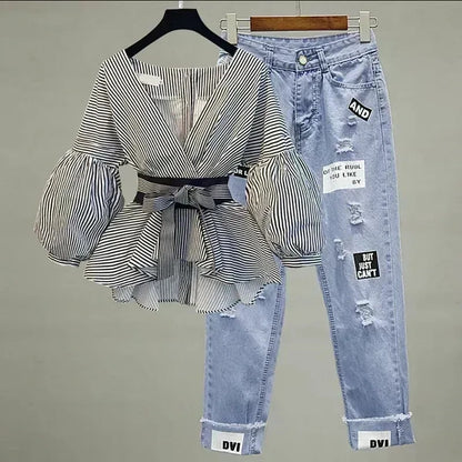 Lantern Sleeve Bow Slim Chiffon Shirt Set