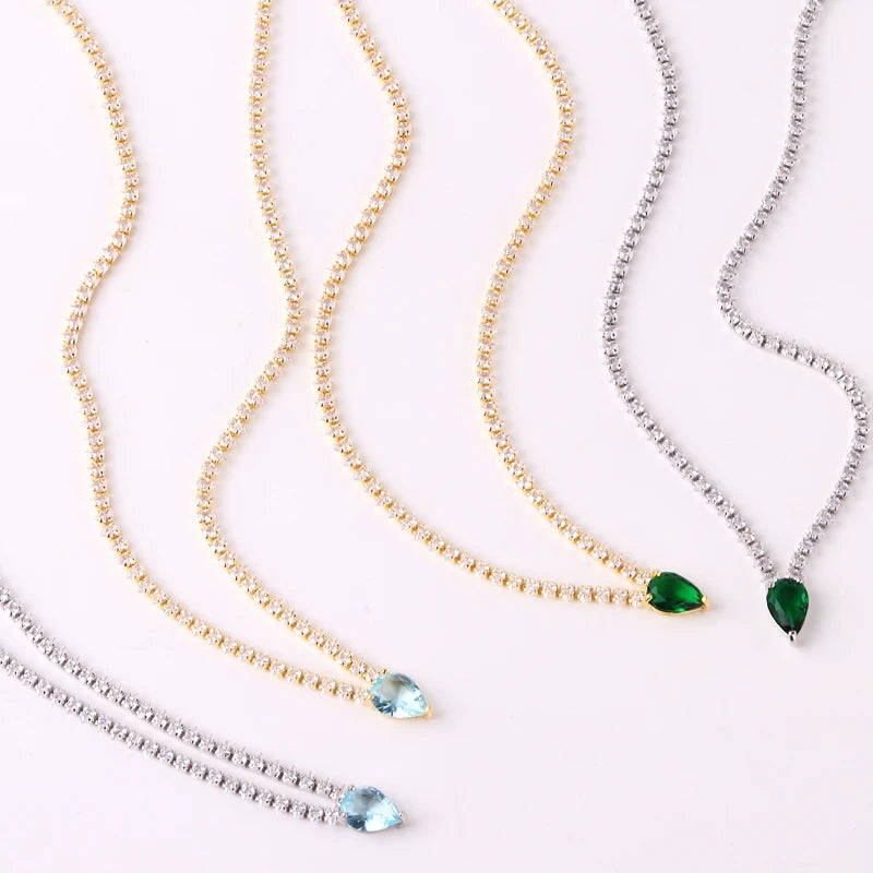 Iced Out Chain Water Drop Cubic Zirconia Light Blue Necklace