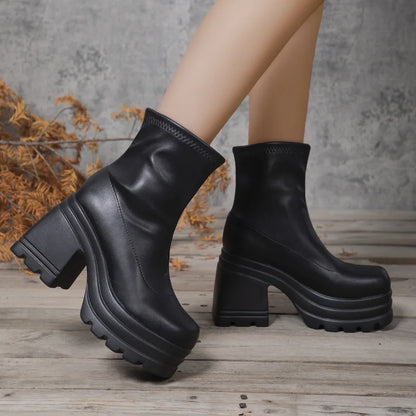Short Sexy Leather Square toe casual Zipper high heels thick soled Boots