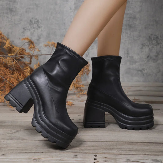 Short Sexy Leather Square toe casual Zipper high heels thick soled Boots
