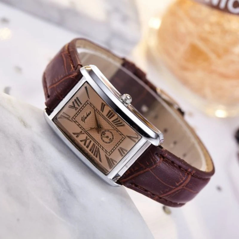 Couple Luxury Rectangle Dial Quartz Leather Band Casual Wristwatch