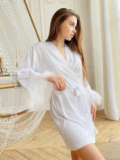 White Feather Robe With Fur Full Satin Robes