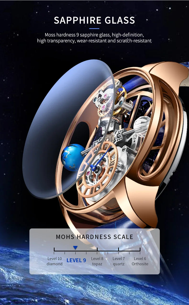 Celestial Starry Sky Curved Glass Transparent Waterproof Leather Watch