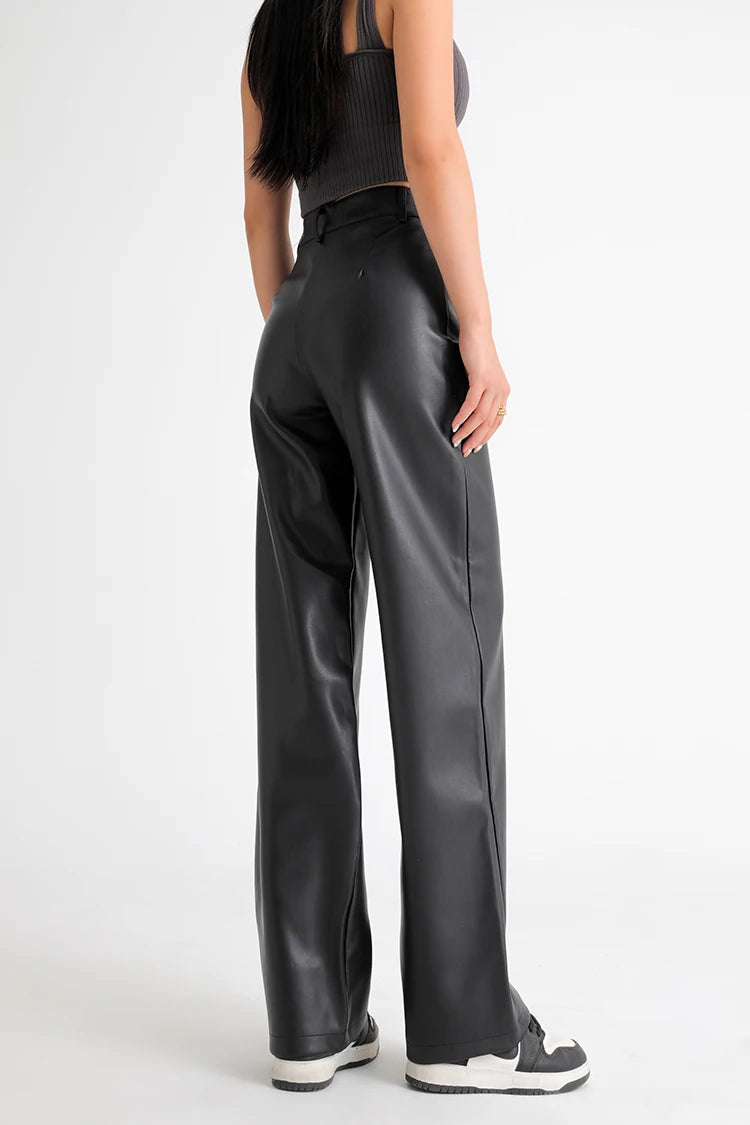 Fall Winter Fleece Loose Wide Leg Leather Pants