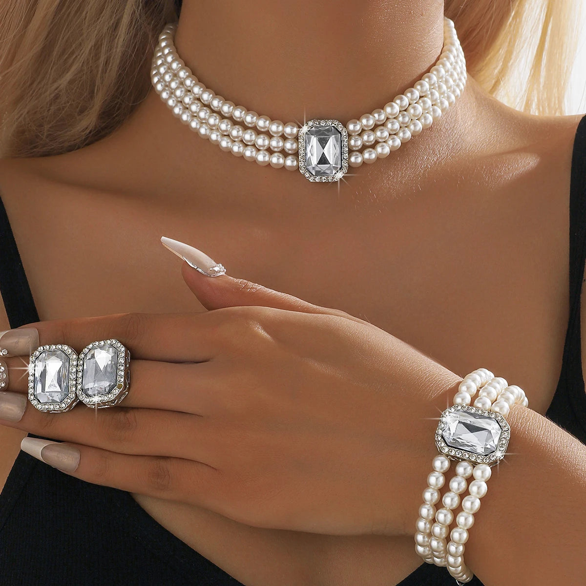 4PC Light Imitation Pearl Necklace Jewelry Set