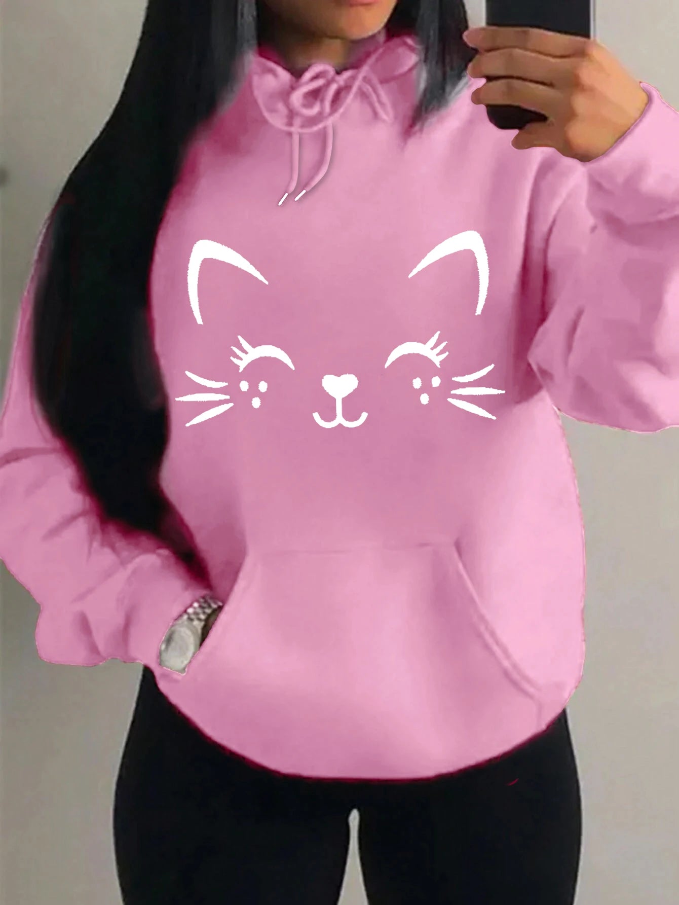Casual Hip Hop Hoodie Happy Cat Pulloverar