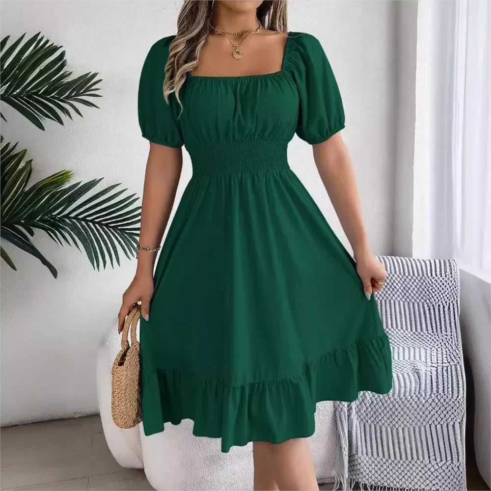 MIidi Casual Square Neck Short Sleeved Dress