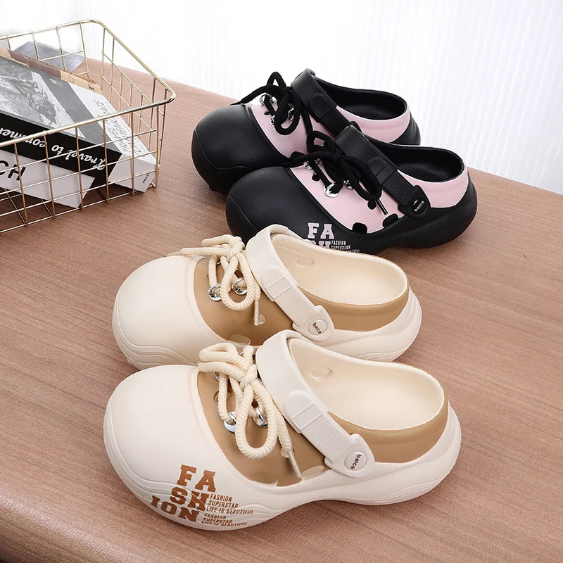 Chunky Platform Flat Striped Closed Toe Thick Slippers