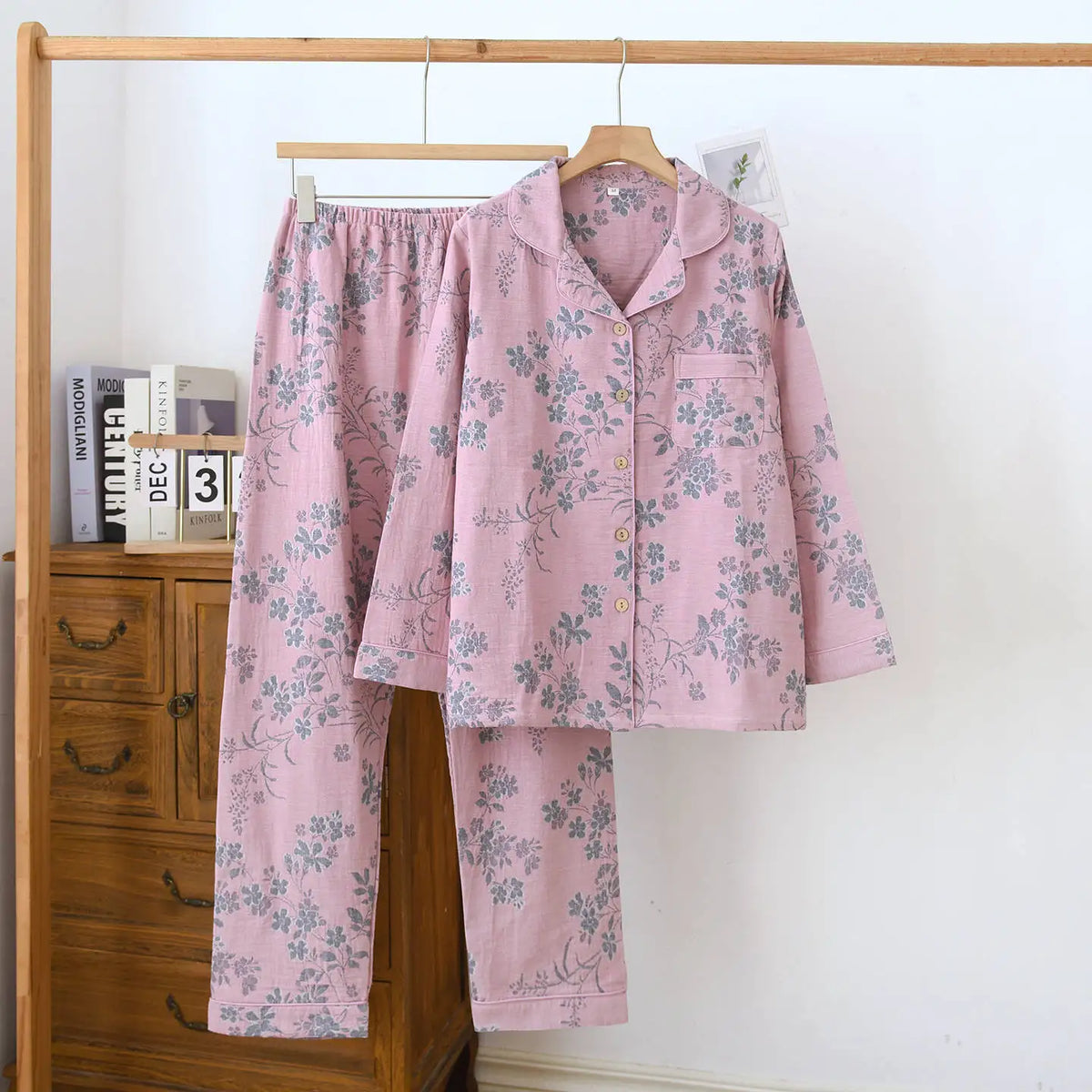 Suit Long-sleeved Trousers 100% Cotton Crepe Flower Leaves Pajama Sets