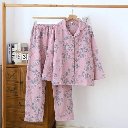 Suit Long-sleeved Trousers 100% Cotton Crepe Flower Leaves Pajama Sets
