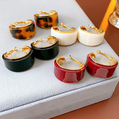 Gold Plated Resin Round Ear Buttons Geometric Leopard Hoop Earrings