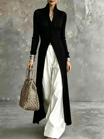 Long Black Knit Cardigan Autumn Winter High Neck Open Front Oversized Jumper