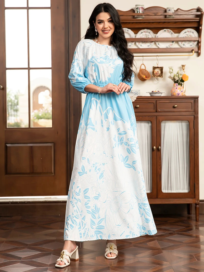 Sweet Floral Long Puff Sleeves Dress