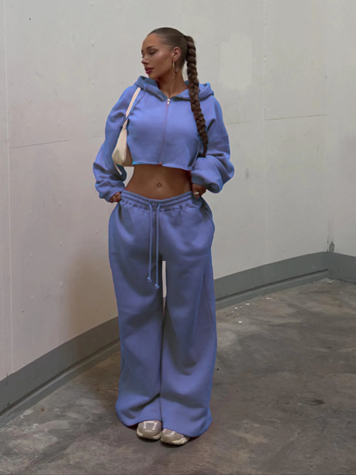 Zip-up Cropped Sweatshirt and Long Pants Casual Hoodies Sweatpants Set