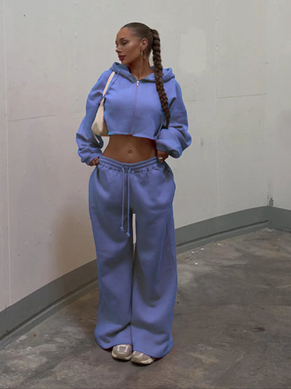 Zip-up Cropped Sweatshirt and Long Pants Casual Hoodies Sweatpants Set