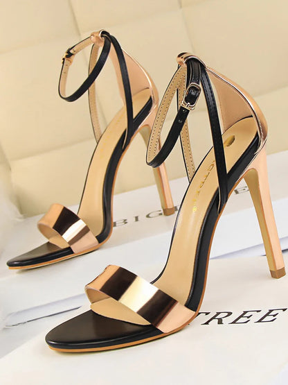 Black-White Concise Leather 11cm High Heels Sandals