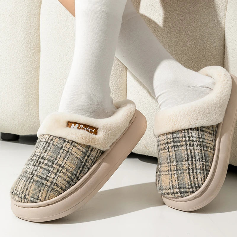 Winter Warm Fur Stripe Non Slip Comfort Flat Heel Slippers