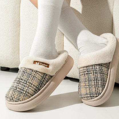 Winter Warm Fur Stripe Non Slip Comfort Flat Heel Slippers