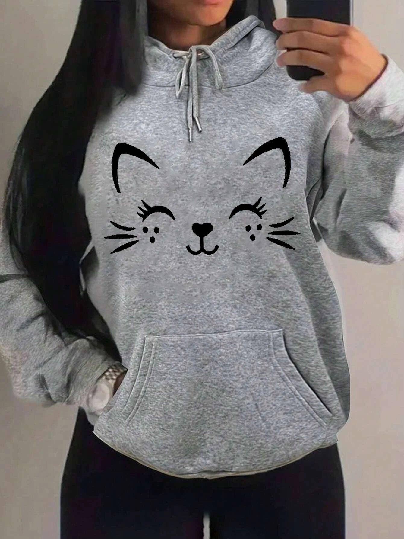 Casual Hip Hop Hoodie Happy Cat Pulloverar