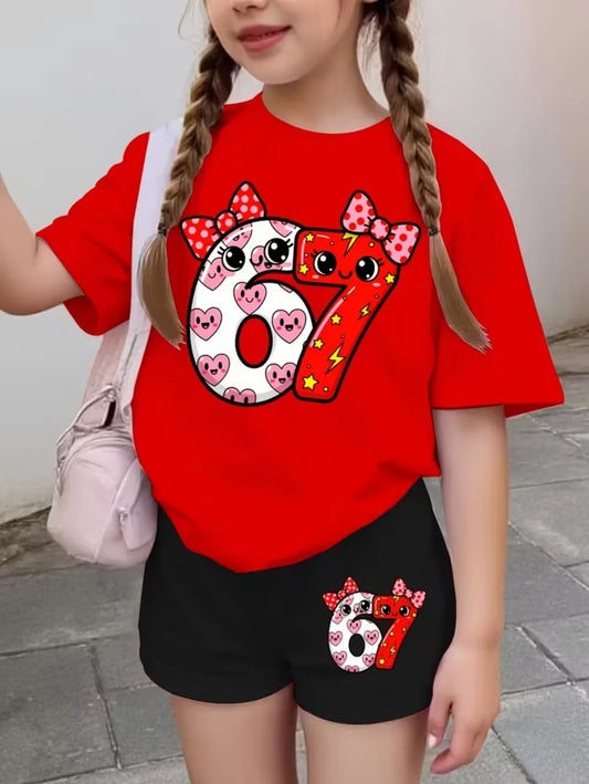 67 Six Seven Cute Bows Flowers Print Short Sleeve T-Shirt Set