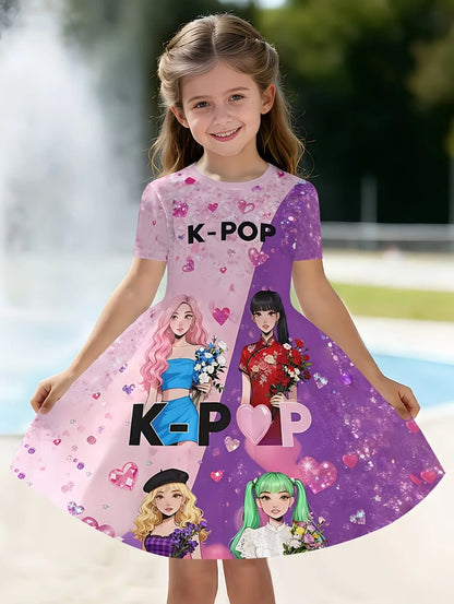 Kpop Cartoon Graphic Short Sleeve Dress