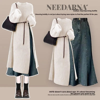 Conjunto de suéter de punto y falda vaquera