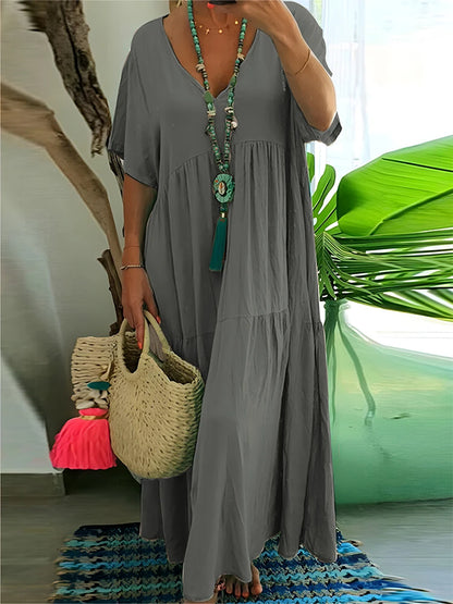 Plus Size Casual Loose V-Neck Solid Long Dress S