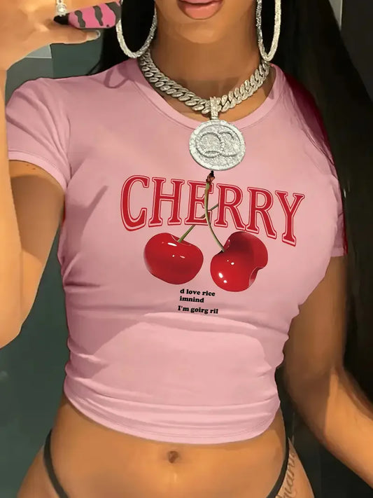 Cherry Print Crew Neck T-shirt Short Sleeve