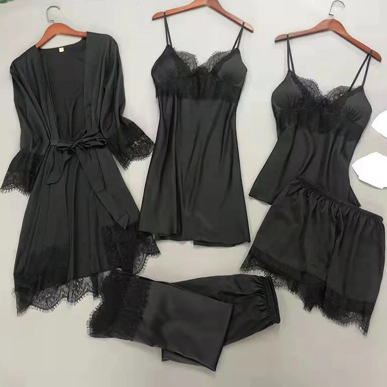 White 5PCS  Satin Sleepwear