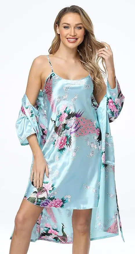 Floral Satin Kimono Robe and Nightgown Bathrobe Set