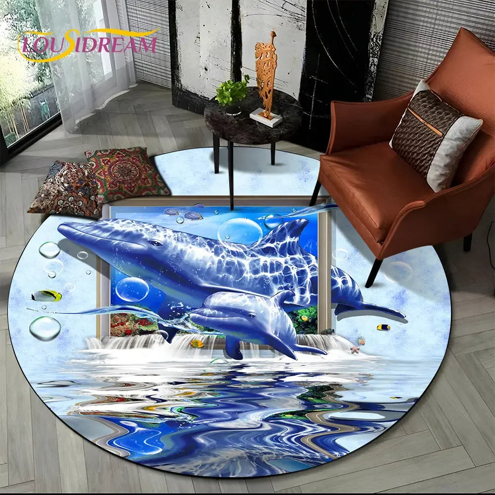 3D Seabed Illusion Underwater World Dolphin Round Area Rug