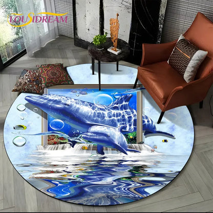 3D Seabed Illusion Underwater World Dolphin Round Area Rug