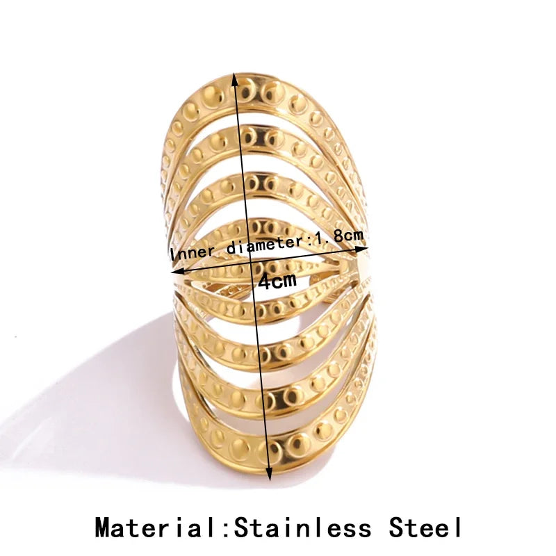 Geometric Curved Hollow Multi Layer Wide Stainless Steel Gold Rings