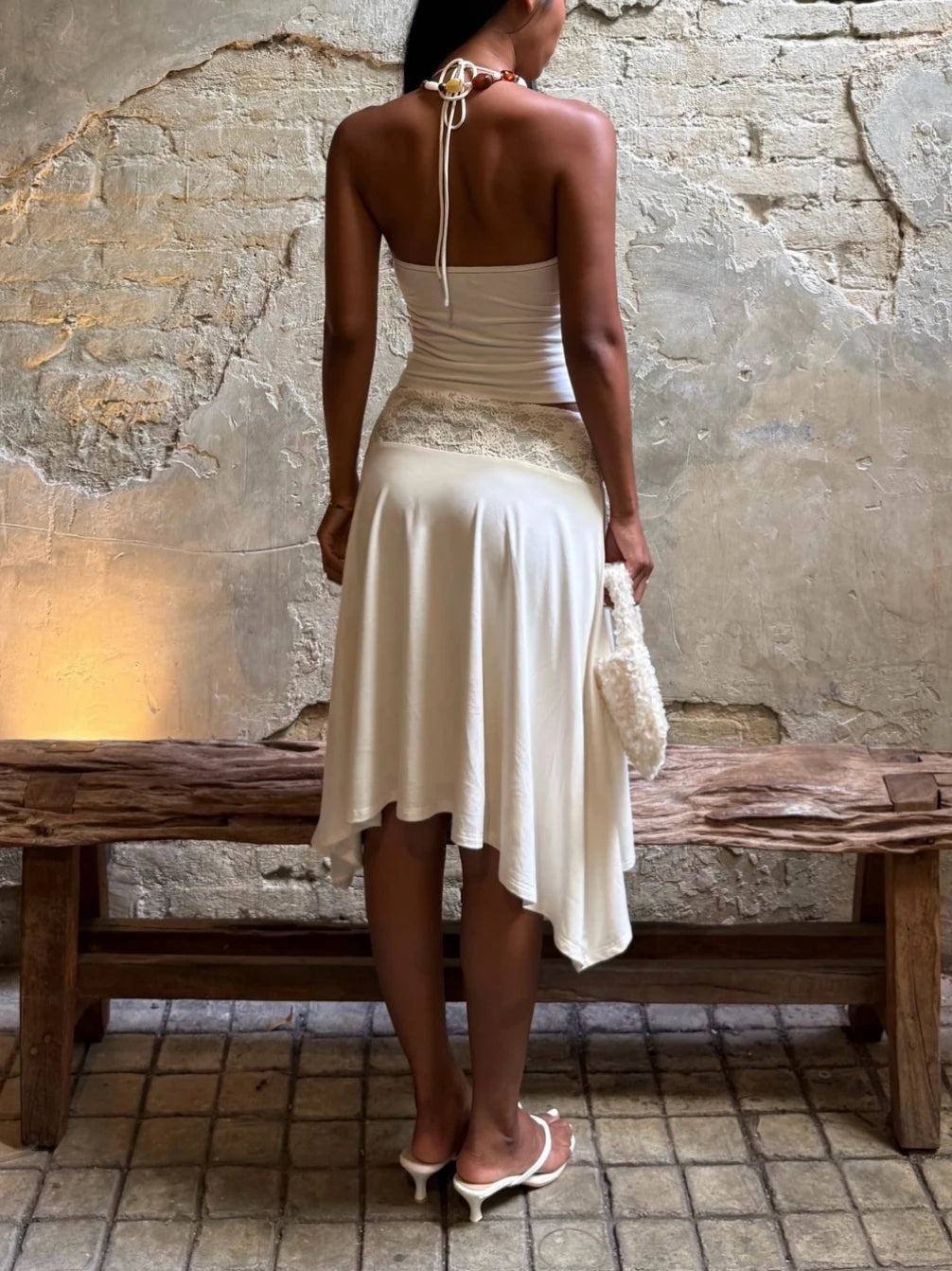 White Lace Patchwork Sexy Halter Dress Sets
