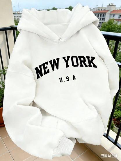 Hooded Casual Cut NEW YORK USA Lettering Casual HipHop Sweater