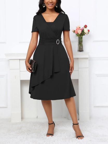 Short Sleeve Square Neck Casual Wrap Fit And Flare Swing Midi Dress