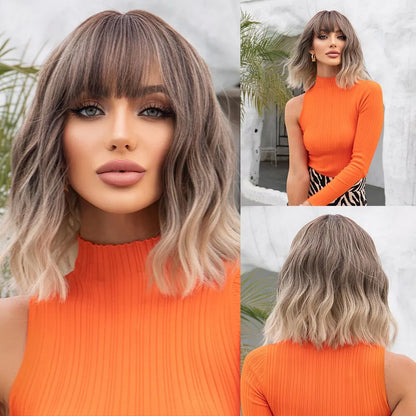 Wavy Bob Short Blonde Dark Roots Wigs