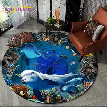3D Seabed Illusion Underwater World Dolphin Round Area Rug