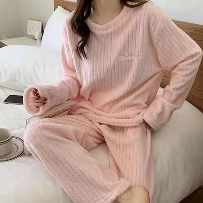 Solid Warm Thicken Velvet Ribbed Fleece Set Pajama