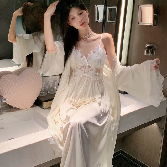 French Romantic Long Strap Sleep Silk Elegant Sleepwear Set