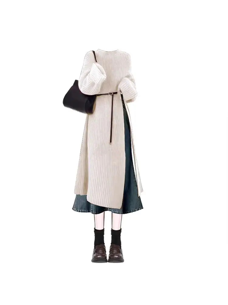 Conjunto de suéter de punto y falda vaquera