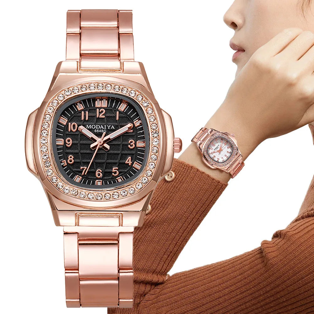 Luxury Digital Diamond Studded Quartz Rose Gold Stainless Steel Strap Watch