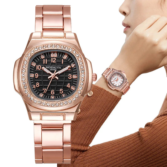 Luxury Digital Diamond Studded Quartz Rose Gold Stainless Steel Strap Watch