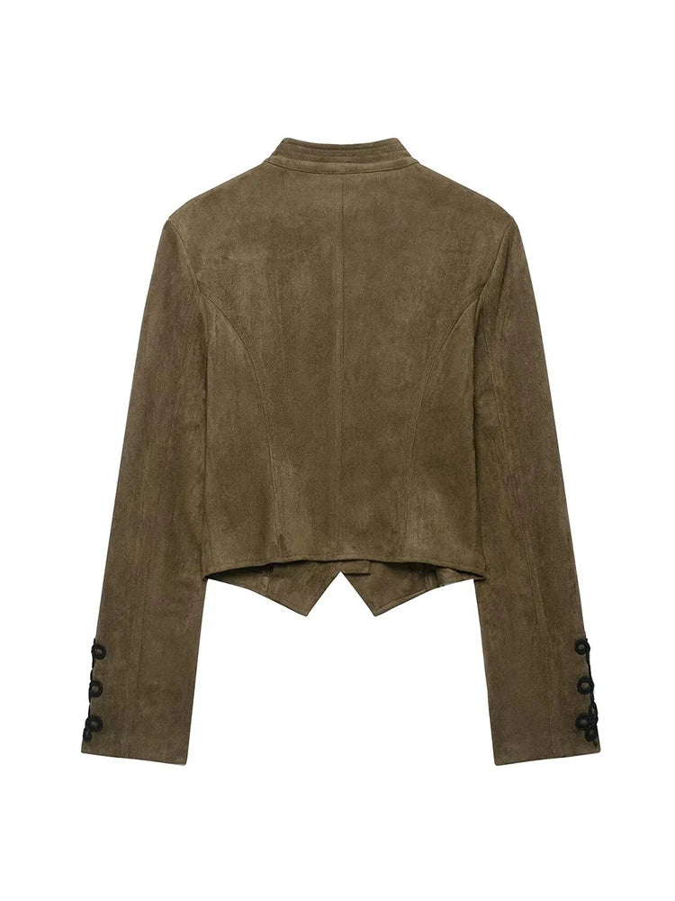 Faux Suede Stand Collar Handmade Knot Slimming Long Sleeve Short Jacket