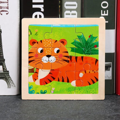 11X11CM Kids Wooden Puzzle Cartoon Animal Traffic Toys