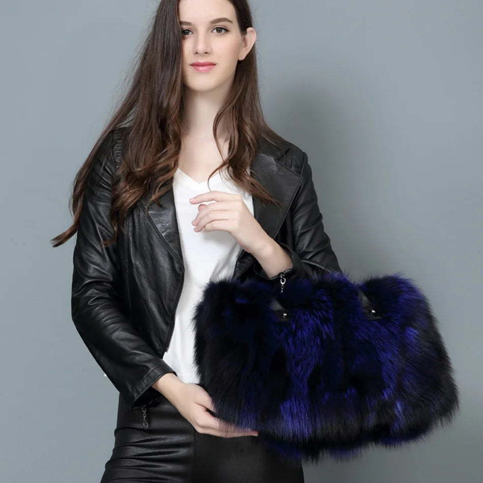 Real Fox Fur Large Size Plush Crossbody Luxury Handbags Fluffy Tote Bag