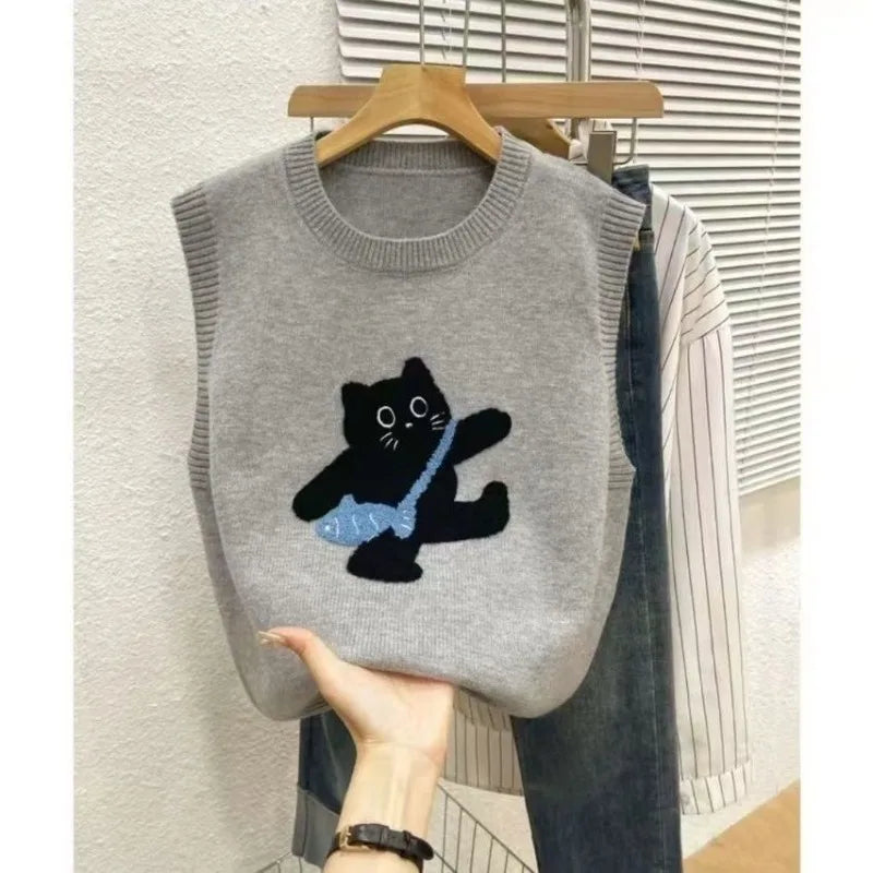 Sweater Vest Casual Embroidered Cartoon O-neck Sleeveless Pullover