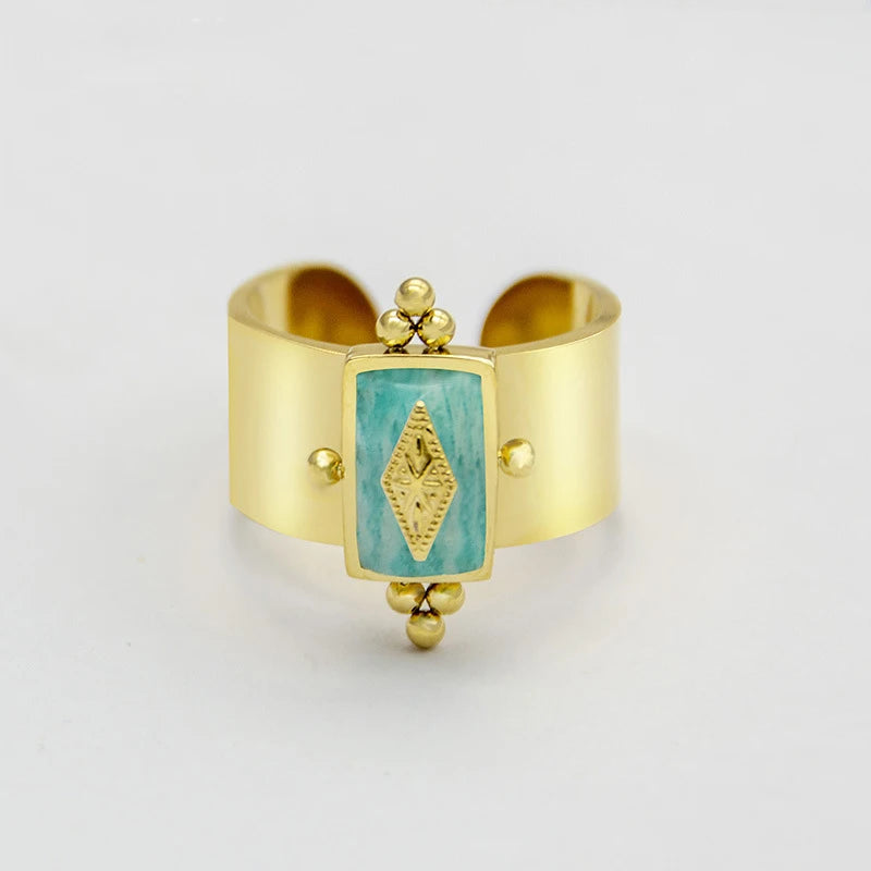 Creative Gold Plated Stainless Steel Simple Geometric Round Natural Stone Ring